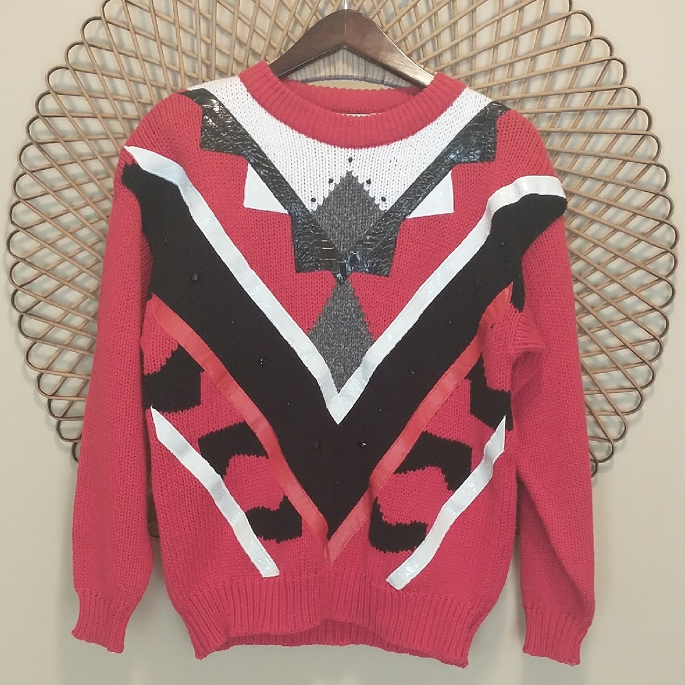 Vintage! 80's Cristina Geometric Sweater Size Large Red/Black/White